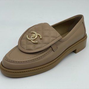 CHANEL 22A Leather Quilted Tab Turn Lock CC Loafers Moccasin Flat Shoes
